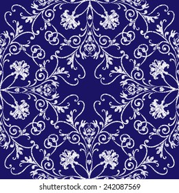 Seamless floral pattern with baroque ornamental elements. Vintage stylized scratched background. Can be used for cards,  fabrics, wallpapers, ornamental template for design and decoration, etc