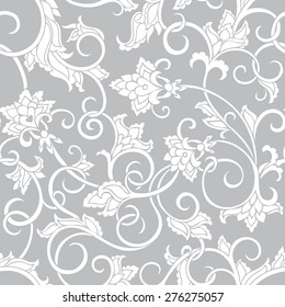 Seamless floral pattern with baroque ornamental elements. Can be used for cards, invitations, fabrics, wallpapers, scrap-booking, ornamental template for design and decoration, etc