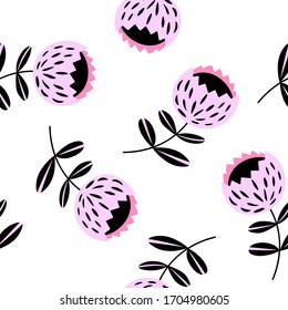 Seamless floral pattern based on traditional folk art ornaments. Pink and black flowers. Scandinavian style. Sweden nordic style. Vector illustration. Simple minimalistic pattern with nature element.