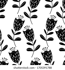 Seamless floral pattern based on traditional folk art ornaments. Black flowers on white background. Scandinavian style. Sweden nordic style. Vector illustration for fabric, textile, wallpaper. 