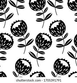 Seamless floral pattern based on traditional folk art ornaments. Black flowers on white background. Scandinavian style. Sweden nordic style. Vector illustration for fabric, textile, wallpaper. 