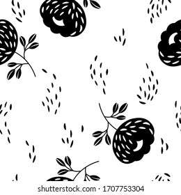 Seamless floral pattern based on traditional folk art ornaments. Black flowers on white background. Scandinavian style. Sweden nordic style. Vector illustration for fabric, textile, wallpaper. 