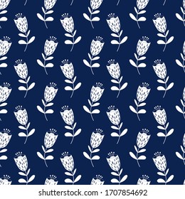 Seamless floral pattern based on traditional folk art ornaments. White flowers on blue background. Scandinavian style. Sweden nordic style. Vector illustration for fabric, textile, wallpaper. 