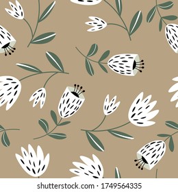 Seamless floral pattern based on traditional folk art ornaments. White and black flowers. Scandinavian style. Sweden nordic style. Vector illustration. Simple minimalistic pattern with nature element.