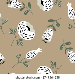 Seamless floral pattern based on traditional folk art ornaments. White and black flowers. Scandinavian style. Sweden nordic style. Vector illustration. Simple minimalistic pattern with nature element.