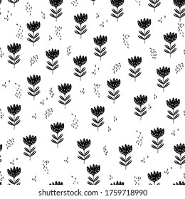 Seamless floral pattern based on traditional folk art ornaments. Black flowers on white background. Scandinavian style. Sweden nordic style. Vector illustration for fabric, textile, wallpaper.