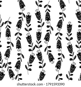 Seamless floral pattern based on traditional folk art ornaments. Black flowers on white background. Scandinavian style. Sweden nordic style. Vector illustration for fabric, textile, wallpaper. 