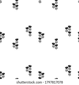 Seamless floral pattern based on traditional folk art ornaments. Black flowers on white background. Scandinavian style. Sweden nordic style. Vector illustration for fabric, textile, wallpaper. 