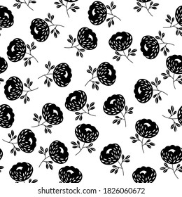Seamless floral pattern based on traditional folk art ornaments. Black flowers on white background. Scandinavian style. Sweden nordic style. Vector illustration for fabric, textile, wallpaper.