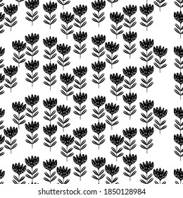 Seamless floral pattern based on traditional folk art ornaments. Black flowers on white background. Scandinavian style. Sweden nordic style. Vector illustration for fabric, textile, wallpaper. 