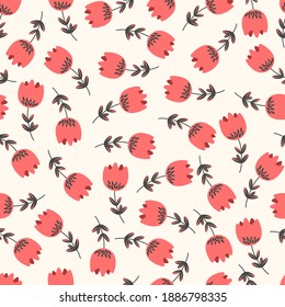 Seamless floral pattern based on traditional folk art ornaments. Colorful flowers on light background. Scandinavian style. Sweden nordic style. Vector illustration. Simple minimalistic pattern. 