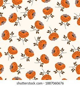 Seamless floral pattern based on traditional folk art ornaments. Colorful flowers on light background. Scandinavian style. Sweden nordic style. Vector illustration. Simple minimalistic pattern.