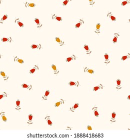 Seamless floral pattern based on traditional folk art ornaments. Colorful flowers on light background. Scandinavian style. Sweden nordic style. Vector illustration. Simple minimalistic pattern.