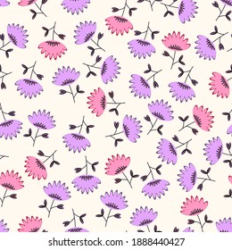 Seamless floral pattern based on traditional folk art ornaments. Colorful flowers on light background. Scandinavian style. Sweden nordic style. Vector illustration. Simple minimalistic pattern.