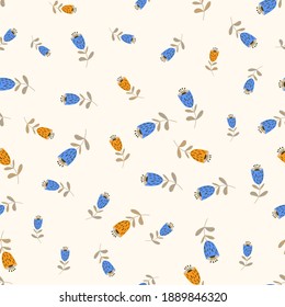 Seamless floral pattern based on traditional folk art ornaments. Colorful flowers on light background. Scandinavian style. Sweden nordic style. Simple minimalistic pattern with nature element.