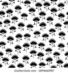Seamless floral pattern based on traditional folk art ornaments. Black flowers on white background. Scandinavian style. Sweden nordic style. Vector illustration for fabric, textile, wallpaper. 