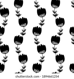 Seamless floral pattern based on traditional folk art ornaments. Black flowers on white background. Scandinavian style. Sweden nordic style. Vector illustration for fabric, textile, wallpaper. 
