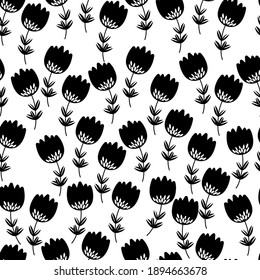 Seamless floral pattern based on traditional folk art ornaments. Black flowers on white background. Scandinavian style. Sweden nordic style. Vector illustration for fabric, textile, wallpaper. 