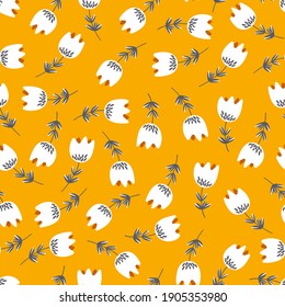 Seamless floral pattern based on traditional folk art ornaments. Colorful flowers on color background. Scandinavian style. Sweden nordic style. Vector illustration. Simple minimalistic pattern.