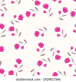 Seamless floral pattern based on traditional folk art ornaments. Colorful flowers on light background. Scandinavian style. Sweden nordic style. Vector illustration. Simple minimalistic pattern.