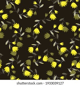 Seamless floral pattern based on traditional folk art ornaments. Colorful flowers on dark background. Scandinavian style. Sweden nordic style. Vector illustration. Simple minimalistic pattern.