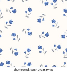 Seamless floral pattern based on traditional folk art ornaments. Colorful flowers on light background. Scandinavian style. Sweden nordic style. Vector illustration. Simple minimalistic pattern.