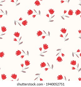 Seamless floral pattern based on traditional folk art ornaments. Colorful flowers on light background. Scandinavian style. Sweden nordic style. Vector illustration. Simple minimalistic pattern.