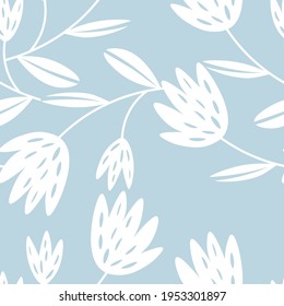 Seamless floral pattern based on traditional folk art ornaments. Modern flowers on color background. Scandinavian style. Sweden nordic style. Vector illustration. Simple minimalistic pattern.