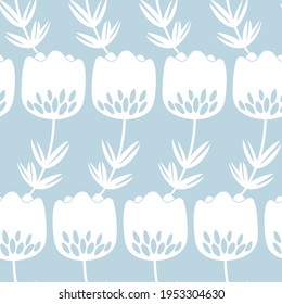 Seamless floral pattern based on traditional folk art ornaments. Modern flowers on color background. Scandinavian style. Sweden nordic style. Vector illustration. Simple minimalistic pattern.