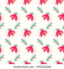 Seamless floral pattern based on traditional folk art ornaments. Colorful flowers on light background. Scandinavian style. Sweden nordic style. Vector illustration. Simple minimalistic pattern.