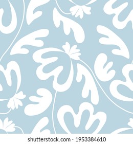 Seamless floral pattern based on traditional folk art ornaments. Modern flowers on color background. Scandinavian style. Sweden nordic style. Vector illustration. Simple minimalistic pattern.
