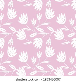 Seamless floral pattern based on traditional folk art ornaments. Modern flowers on color background. Scandinavian style. Sweden nordic style. Vector illustration. Simple minimalistic pattern.
