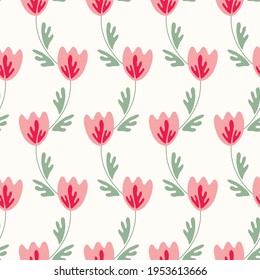 Seamless floral pattern based on traditional folk art ornaments. Colorful flowers on light background. Scandinavian style. Sweden nordic style. Vector illustration. Simple minimalistic pattern.
