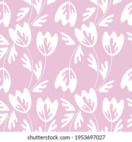 Seamless floral pattern based on traditional folk art ornaments. Modern flowers on color background. Scandinavian style. Sweden nordic style. Vector illustration. Simple minimalistic pattern.