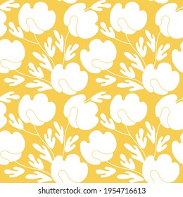 Seamless floral pattern based on traditional folk art ornaments. Modern flowers on color background. Scandinavian style. Sweden nordic style. Vector illustration. Simple minimalistic pattern.