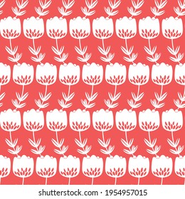 Seamless floral pattern based on traditional folk art ornaments. Modern flowers on color background. Scandinavian style. Sweden nordic style. Vector illustration. Simple minimalistic pattern.