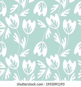 Seamless floral pattern based on traditional folk art ornaments. Modern flowers on color background. Scandinavian style. Sweden nordic style. Vector illustration. Simple minimalistic pattern.