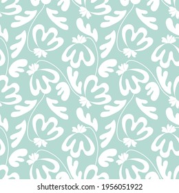 Seamless floral pattern based on traditional folk art ornaments. Modern flowers on color background. Scandinavian style. Sweden nordic style. Vector illustration. Simple minimalistic pattern.