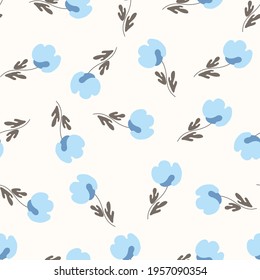 Seamless floral pattern based on traditional folk art ornaments. Colorful flowers on light background. Scandinavian style. Sweden nordic style. Vector illustration. Simple minimalistic pattern.
