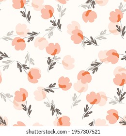 Seamless floral pattern based on traditional folk art ornaments. Colorful flowers on light background. Scandinavian style. Sweden nordic style. Vector illustration. Simple minimalistic pattern.