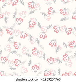 Seamless floral pattern based on traditional folk art ornament. Colorful flowers on light background. Scandinavian style. Sweden nordic style. Vector illustration. Simple minimalistic pattern.