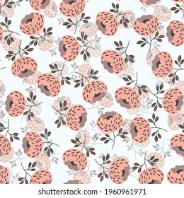 Seamless floral pattern based on traditional folk art ornaments. Colorful flowers on light background. Scandinavian style. Sweden nordic style. Vector illustration. Simple minimalistic pattern.