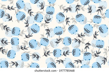 Seamless floral pattern based on traditional folk art ornaments. Colorful flowers on light background. Scandinavian style. Sweden nordic style. Vector illustration. Simple minimalistic pattern.
