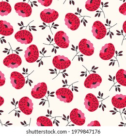 Seamless floral pattern based on traditional folk art ornaments. Colorful flowers on light background. Scandinavian style. Sweden nordic style. Vector illustration. Simple minimalistic pattern.