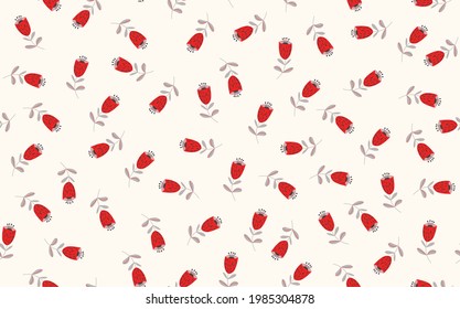 Seamless floral pattern based on traditional folk art ornaments. Colorful flowers on light background. Scandinavian style. Sweden nordic style. Vector illustration. Simple minimalistic pattern.