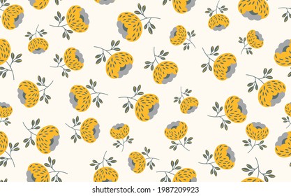 Seamless floral pattern based on traditional folk art ornaments. Colorful flowers on light background. Scandinavian style. Sweden nordic style. Vector illustration. Simple minimalistic pattern.