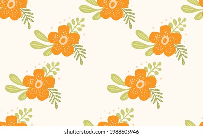 Seamless floral pattern based on traditional folk art ornaments. Colorful flowers on light background. Scandinavian style. Sweden nordic style. Vector illustration. Simple minimalistic pattern.