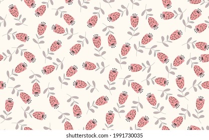 Seamless floral pattern based on traditional folk art ornaments. Colorful flowers on light background. Scandinavian style. Sweden nordic style. Vector illustration. Simple minimalistic pattern.