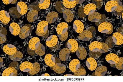 Seamless floral pattern based on traditional folk art ornaments. Colorful flowers on black background. Scandinavian style. Sweden nordic style. Vector illustration. Simple minimalistic pattern.