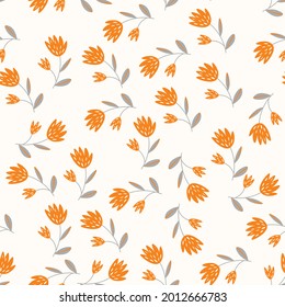 Seamless floral pattern based on traditional folk art ornaments. Colorful flowers on light background. Scandinavian style. Sweden nordic style. Vector illustration. Simple minimalistic pattern.